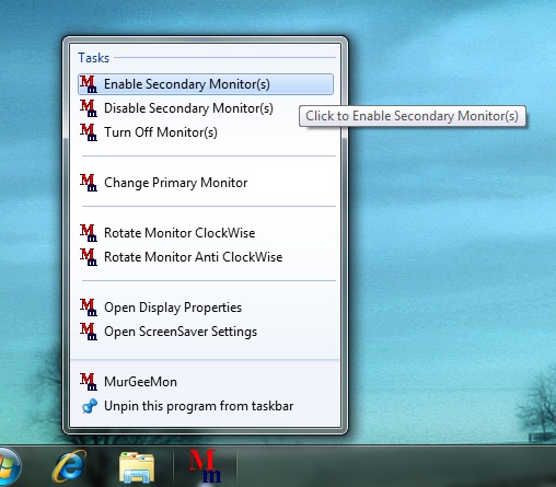 MurGeeMon can be pinned to taskbar to use the JumpList feature of Windows 7